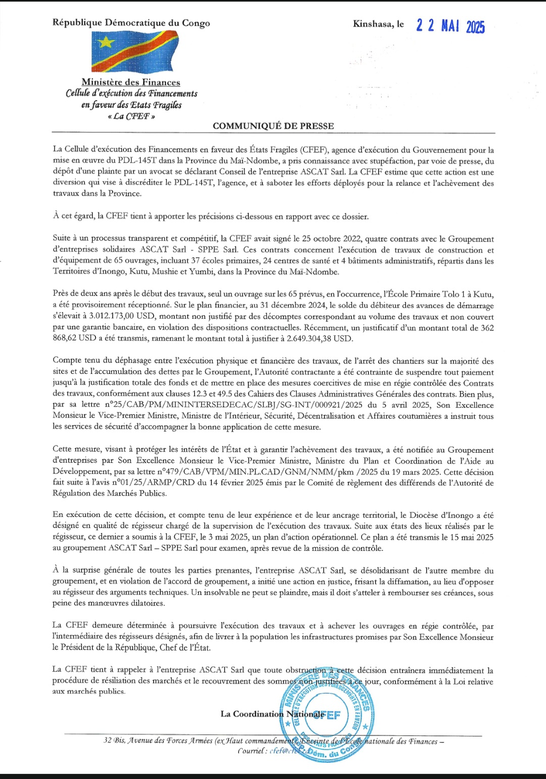 image en avant de PDL-145T au Mai-Ndombe: la CFEF clarifie la situation sur la plainte d’ASCAT.